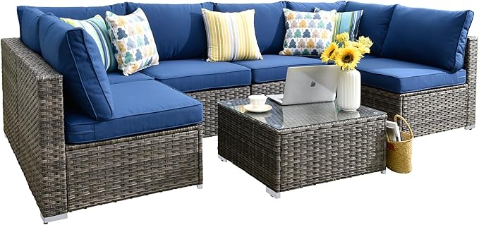HOOOWOOO 7 Piece Patio Sectional Furniture Set,Modern Wicker Outdoor Conversation Sofa Sets,Weather Resistant Modular L Shaped Outside Couch Table Set(Charcoal Gray)