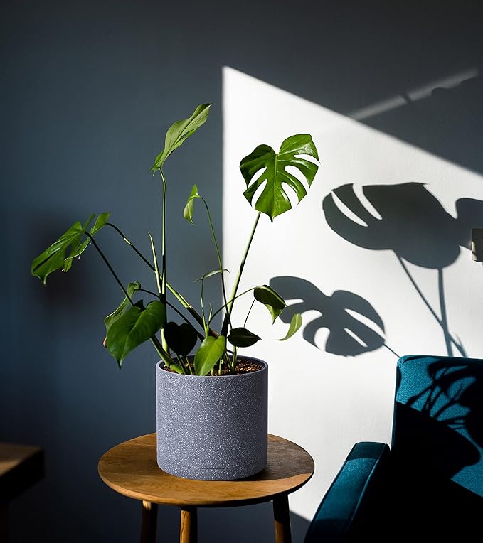 D'vine Dev 6.5 Inch 8 Inch 10 Inch, Set of 3 Plastic Planter Pots for Plants with Drainage Hole and Seamless Saucer, Speckled Gray Color, Large, 74-V-G-4