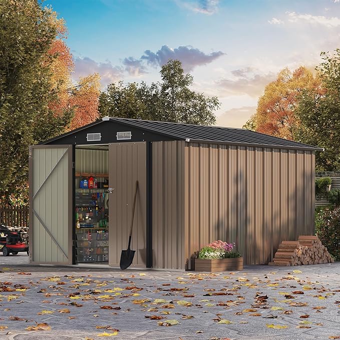 Patiowell 8x10 FT Outdoor Storage Shed with Floor Frame, Large Garden Tool Metal Shed with Sloping Roof and Double Lockable Door, Outdoor Shed for Backyard Garden Patio Lawn,Brown