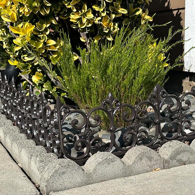 Ornate Cast Iron Garden Edging Fence（10.5" Tall） - 4 Pack Heavy Duty Metal Border for Lawn, Patio & Landscaping HC8308