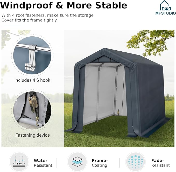 MFSTUDIO Outdoor Storage Sheds 6x10 ft, Portable Carport Shelter Garages Heavy Duty Canopy with Rolled up Zipper Doors, Outside Utility Shed Garage Tent for Motorcycle, Bicycles and Camping Tools