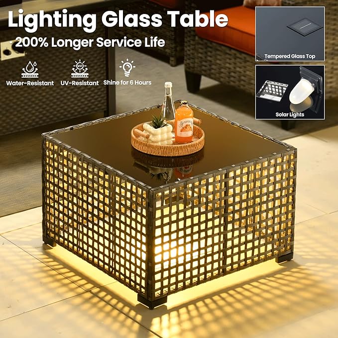 ovios 5 Pieces Patio Furniture Set, Outdoor Wicker Sofa Couch with Rocking Swivel Chairs Solar Lights Table, Modern Deep Seat Rattan Conversation Sets for Porch Deck, Orange Red