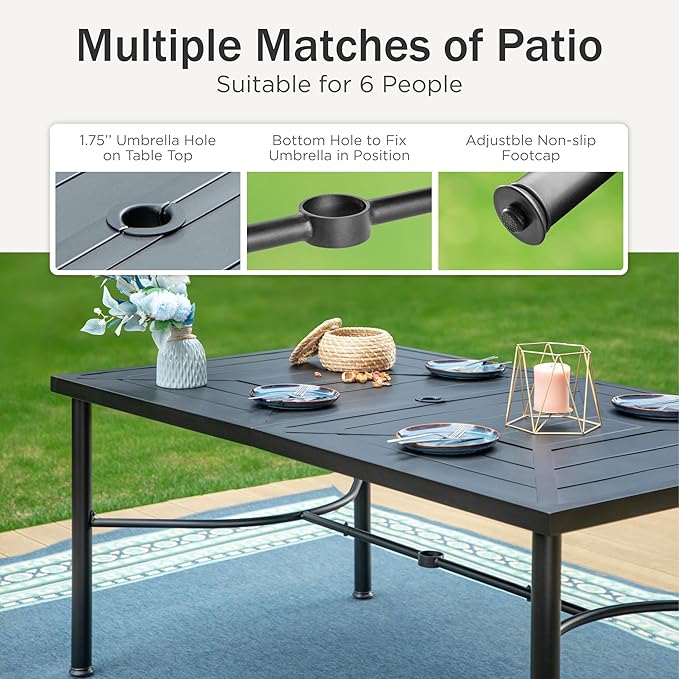 PHI VILLA 7 Piece Outdoor Patio Dining Set, 6 Swivel Patio Chairs & 1 Rectangular Large Metal Table, All Weather Dining Furniture Set for Lawn Garden (Gray)