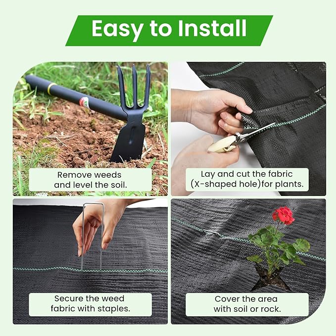 Rintea 6FTX300FT Weed Barrier Fabric, 3.2oz Landscape Fabric, Durable Weed Barrier Fabric Heavy Duty with 20 U-Shaped Securing Pegs for Landscaping Weed Blocker Garden Bed Cover, Commercial Driveway