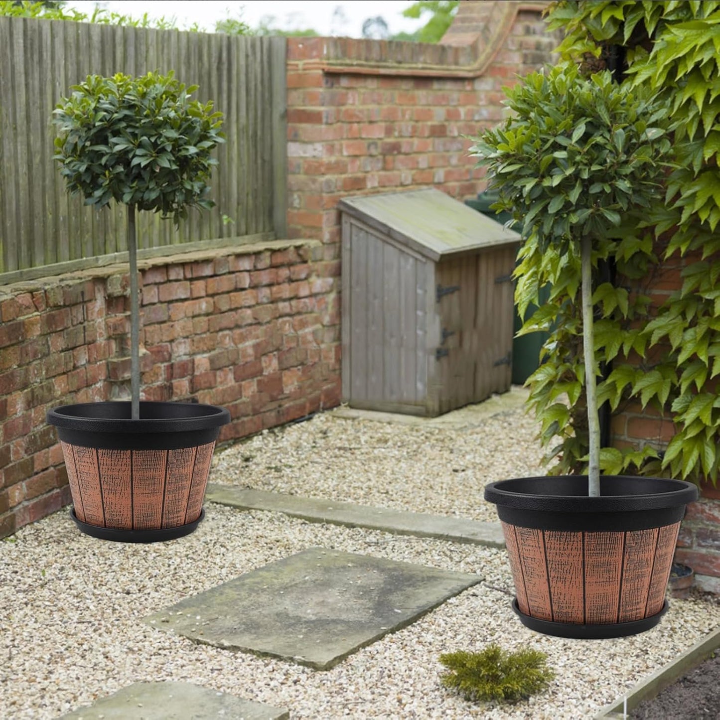 Quarut Large 4 Pack 16 inch Plant Pots,Whiskey Barrel Planters with Drainage Holes & Saucer,Plastic Decoration Flower Pots Retro Design,Planters for Outdoor Indoor Garden Balcony Plants (Brown)