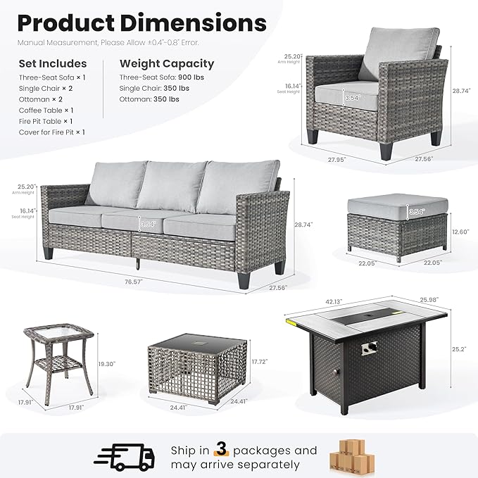 ovios 7 Pieces Patio Furniture Set with 42" Fire Pit Table, Outdoor Sofa Couch with Solar Lights Table Comfy Cushions, Modern Deep Seat Wicker Rattan Conversation Set, Grey