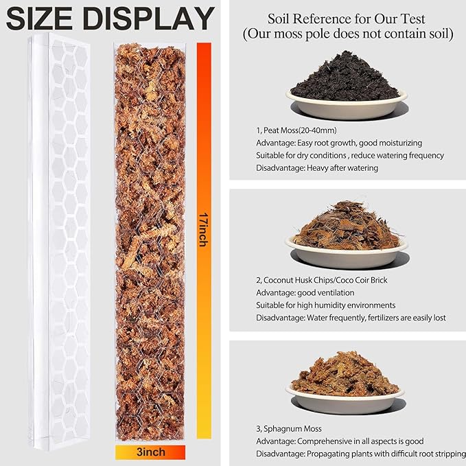 2 Pcs 17 Inch Plastic Moss Pole for Plants Monstera,Designed Specifically for Climbing Plants, Stackable Plant Support for Indoor Plants