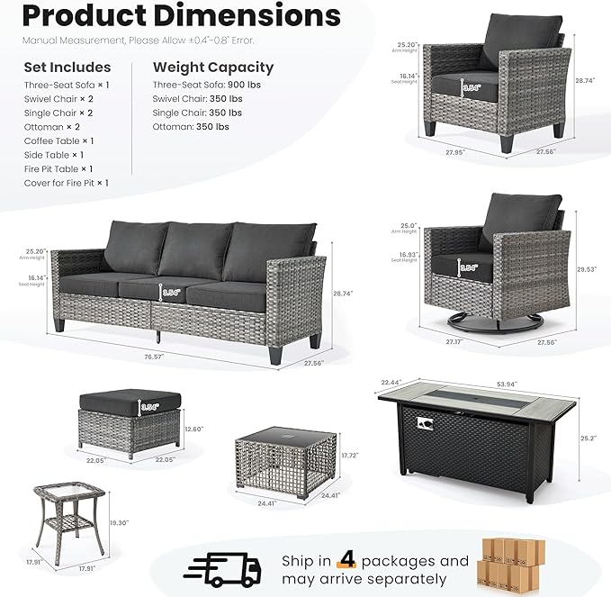 ovios 10 Pieces Patio Furniture Set with Swivel Chairs Rocking Gliders, 54" Fire Pit Table, Outdoor Sofa Couch with Solar Lights Table, Modern Deep Seat Wicker Rattan Conversation Set, Black