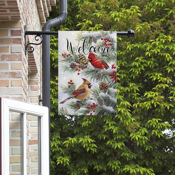 Welcome Winter Garden Flag Christma Cardinal Birds House Banner Red Bird Berry Trees Pine Snow Vertical Yard Flags Pinecone Wall Banners for Xmas Rustic Farmhouse 28 x 40 Inch
