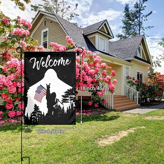 Bigfoot American Flag Garden Flag Welcome Party Outdoor Outside Decorations Picks Home House Garden Yard Decor 12x18 Inch