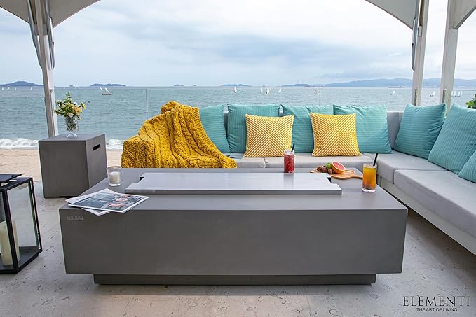 Elementi Granville Gas Fire Pit Bundle Concrete Fire Table, Outdoor Fire Pit Electronic Ignition | Canvas Cover, Lava Rock Included | Free AMS Wind Guard | Light Gray (Propane Gas)