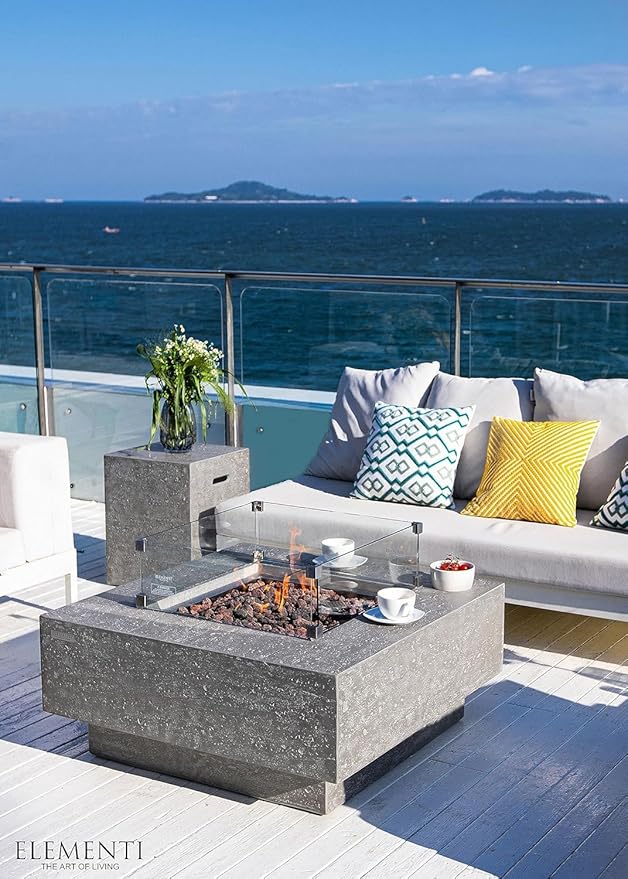 Elementi Manhattan Gas Fire Pit Cast Concrete Fire Table, Outdoor Fire Pit Electronic Ignition | Canvas Cover, Lava Rock Included | Free AMS Wind Guard | Light Gray (Propane Gas)