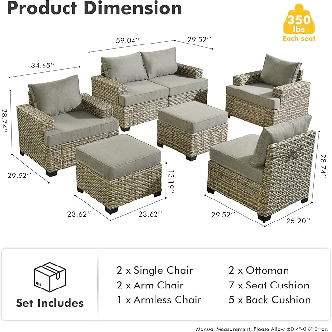 HOOOWOOO Outdoor Sectional Patio Furniture Set,7 Pieces Wicker Conversation Sets,Extra Deep Out Door Sofa Outside Furniture Couch with Ottoman,Charcoal Gray