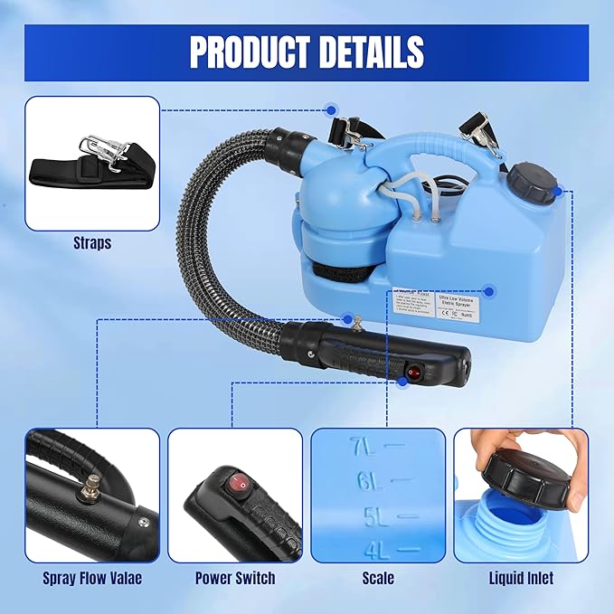 ULV Fogger Machine 7L (1.85 Gallon) Electric Portable Fogger Sprayer Ultra-Low Volume Atomizer for Indoor Outdoor Use in Home, Yard, Garden, Patio, and Large Spaces (7L Spray Machine-1Pack)