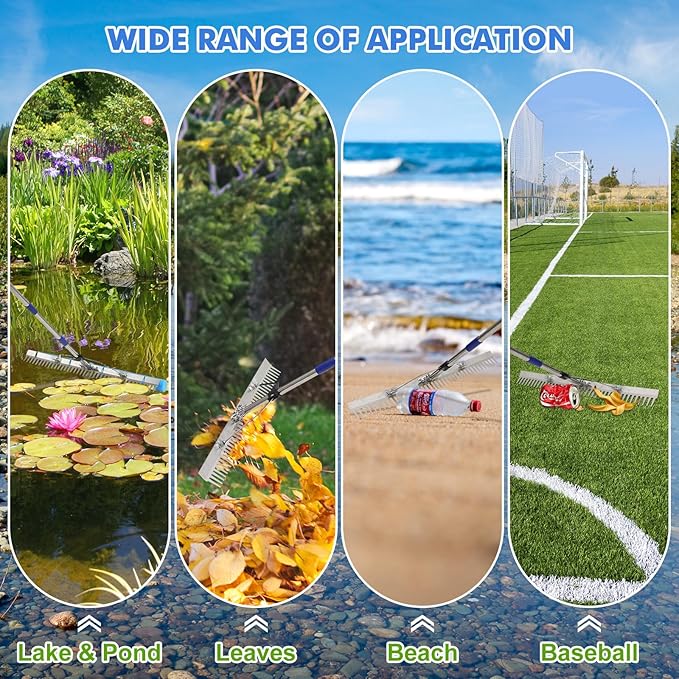 Landscape Rake, 60 Inch Adjustable Lightweight Pond Rake 36" Width Aluminum for Removing Weeds, Leaves, Beautifying Coastlines and Beaches