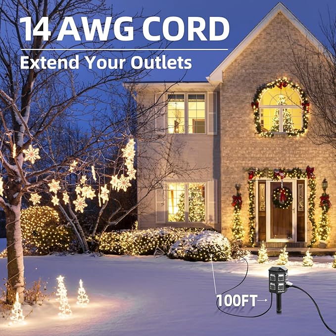 Outdoor Power Strip Weatherproof, 100 FT Extension Cord with Power Stake, 6 Grounded Outlets for Outdoor Lights, 15A/1875W, ETL Listed
