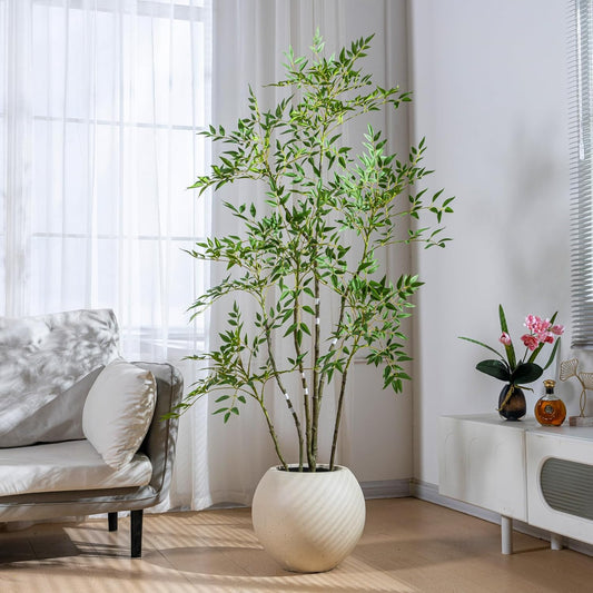 6ft Faux Bamboo Tree Artificial Nandina Tree Artificial Indoor Plants Realistic Fake Potted Tree with 800+ Leaves, Cement Planter - Home Office Decor Perfect for Housewarming Gift Non-Toxic
