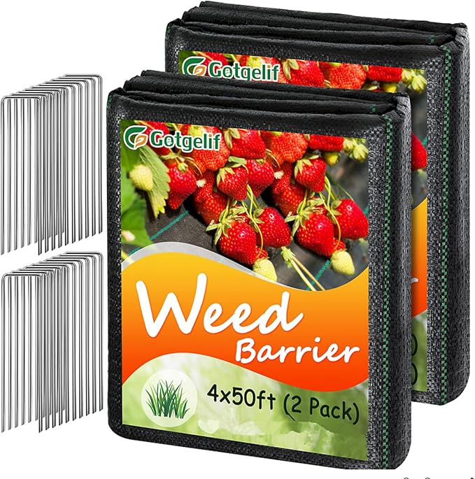 4FT x 100FT Weed Barrier Landscape Fabric, 3.2oz Heavy Duty Woven Geotextile with 20 U-Shaped Pegs & Pre-Printed Cutting Lines, Ground Cover Colth Garden Bed Liner for Landscape, Driveway, Greenhouse