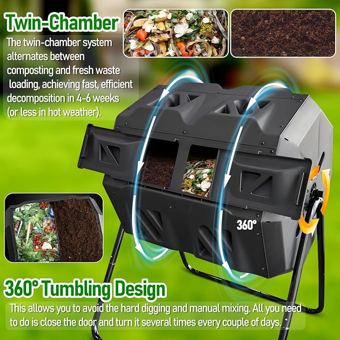 Compost Bin, 43 Gallon Dual Chamber Composter Tumbler Outdoor with 2 Sliding Door and Aeration System, BPA-Free Large Rotating Composting Bin for Garden, Kitchen, and Yard Waste, Black