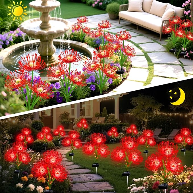 Solar Christmas Outdoor Lights Red Spider Lily – 4 Pack 12-Head Waterproof Garden Flower with Glowing Stems,Decorative Solar Powered Yard,Patio & Lawn Decor,Holiday & Gardening Gifts for Women Grandma