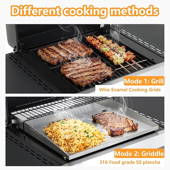 4-Burner Propane Gas BBQ Grill with Plate, 49200 BTU 2 in 1 Propane Griddle Grill Combo with 2 Foldable Side Table for Outdoor Cooking Camping Patio Backyard (4 burner +griddle)