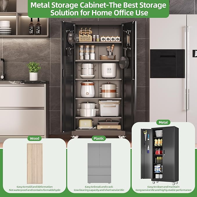 Garage Storage Cabinet with 5 Adjustable Shelves and Door Pegboard,Metal Storage Cabinet with Wheels for Garage Home,Required Assembly,Black, 71" H×32" W×16" D