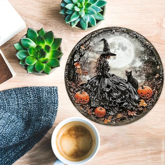 PEACHGARDEN PEACHGARDEN Round Happy Halloween Black Cat Vintage Sign Halloween Witch Metal Tin Sign for Home Bar Kitchen Hotel Dining Room Coffee 12x12inch