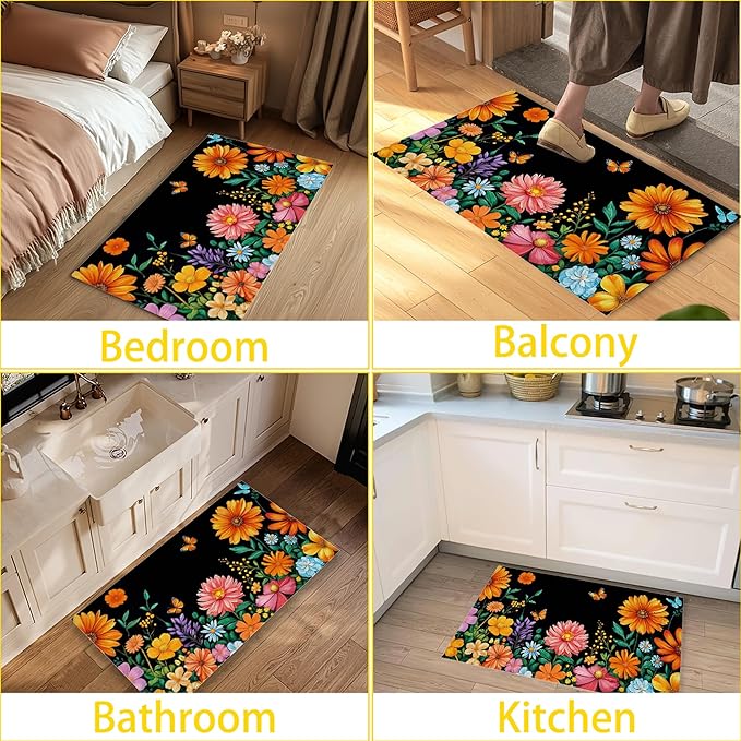 Colorful Flowers Welcome Mat Indoor,Spring Garden Wildflower Butterfly Front Door Mat,Non-Slip Entryway Rug, Low Profile Felt Indoor Doormat for Back Door Porch Patio Entrance,30 x 17 Inch
