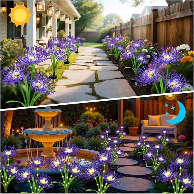 Solar Outdoor Lights Purple Spider Lily – 4 Pack 12-Head Waterproof Garden Flower Lights with Glowing Stems,Decorative Solar Powered Yard,Patio & Lawn Decor, Gardening Gifts for Women Grandma
