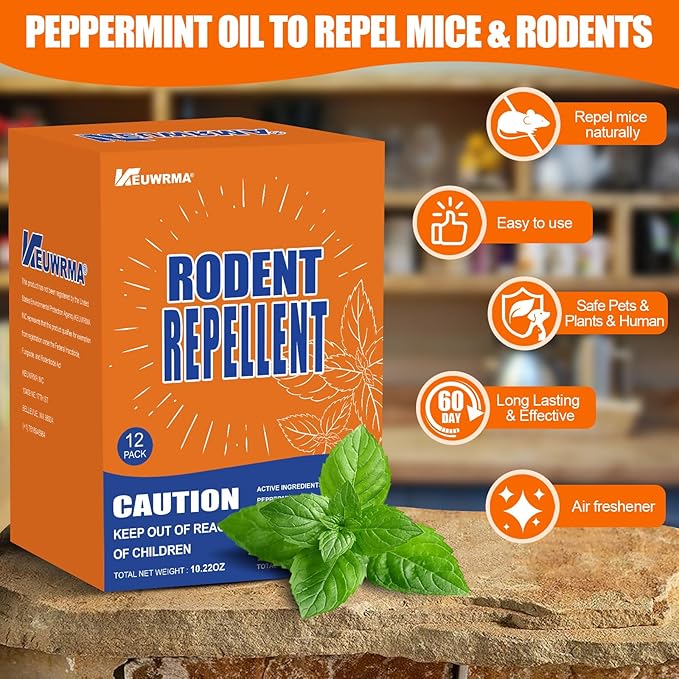 Mouse Repellent, Pest Control, Rodent Repellent Pouches, Mice Repellent, Natural Mice Deterrent for Homes/RVs, Child & Pet Safe Pest Control. Peppermint Oil to Repel Mice and Pouches, 12 Pack.