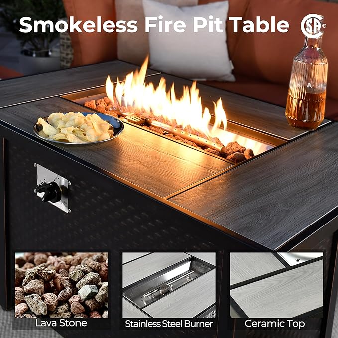 HOOOWOOO Outdoor Patio Furniture Set with Fire Pit Table,9 Pieces Wicker Out Door Sectional Furniture L Shaped Couch,Outside Patio Conversation Sets Swivel Chair,Charcoal Gray