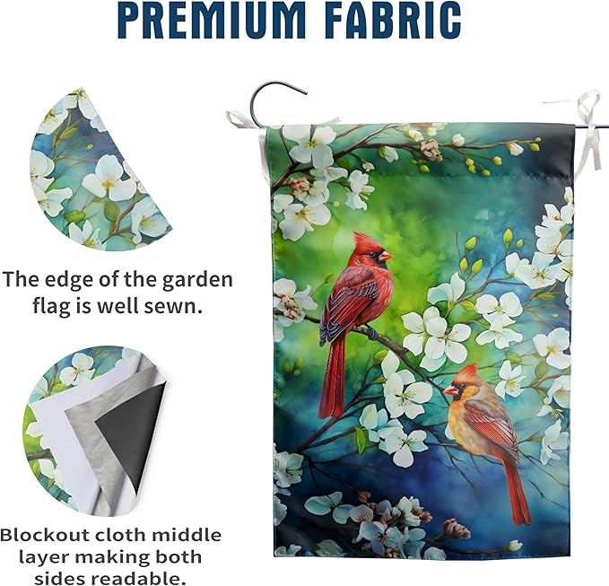 Spring Summer Cardinal Birds Garden Flags for Outside Birds Outdoor Flags Decorative 12x18 Double Sided Floral Welcome Yard Flag Small Red Bird Flag Dogwood Flower Decor