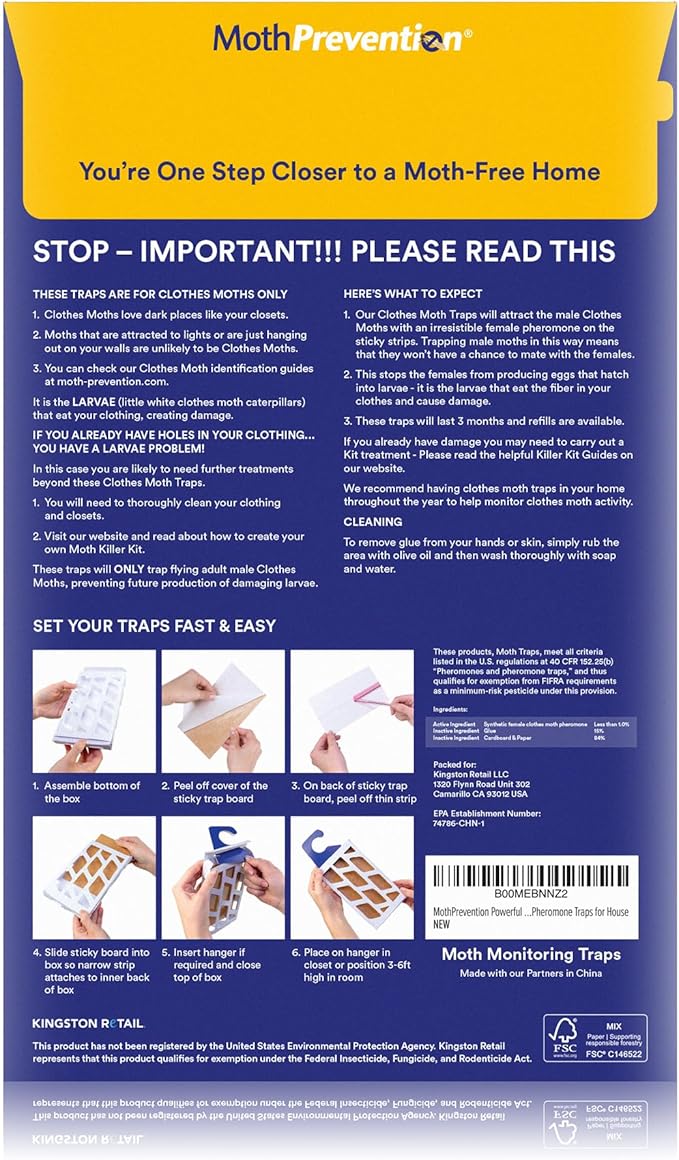 Powerful Moth Traps for Clothes & Closets | Refillable 3-Pack | Odor-Free & Natural | Moth Pheromone Traps for House & Clothing