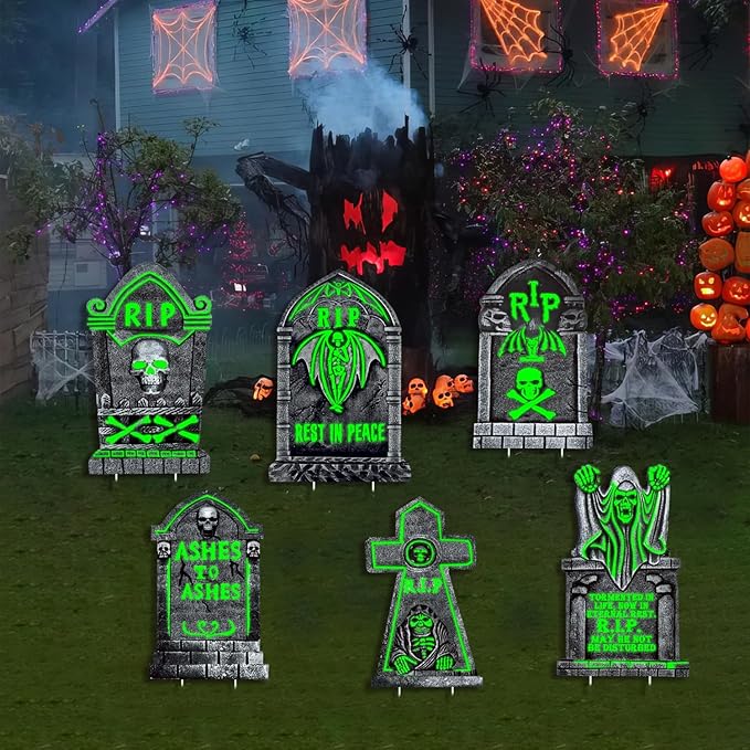 Large Halloween Tombstones Decorations, 6 Pack 16.5"x10" Light Up Tombstone for Graves, Plastic Spooky Outdoor Halloween Gravestone, Waterproof Cemetery Grave Decor with 12 stakes for Yard Lawn Party
