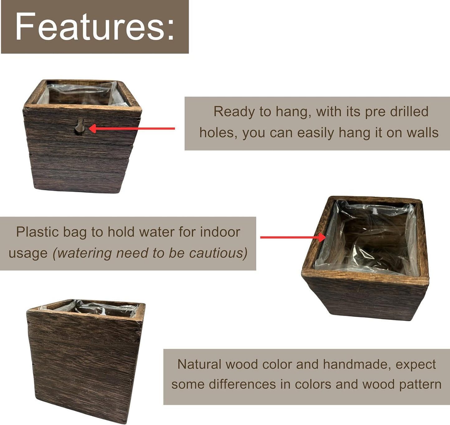 LaLaGreen Wood Planter Boxes for Plants (4x4 Inch, 8 Pack) Small Square Wall Mounted Planters for Indoor Plant, Herb Wooden Box Hanging Flower Pot Plant Holder Outdoor Fence Vertical Garden Home Decor