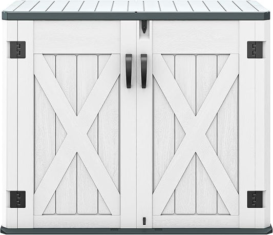 DWVO Outdoor Storage Shed, Weatherproof Resin, 35 Cu Ft Capacity, Horizontal Design, X-Shaped Lockable Door, Suitable for Bike, Garden Tools, Trash Cans, Light Gray