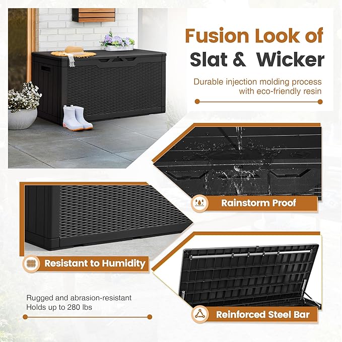 Greesum 100 Gallon Resin Patio Storage Box for Garden Tools, Outdoor Furniture Cushions, Pool Supplies, Black