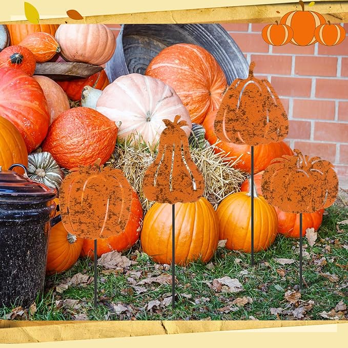 Chunful 4 Pcs Fall Vintage Decorative Garden Stakes Pumpkin Garden Stakes for Flower Planter Pot Outdoor Rustic Metal Yard Sign Thanksgiving Pumpkins Decorations Autumn Harvest Halloween Patio Lawn