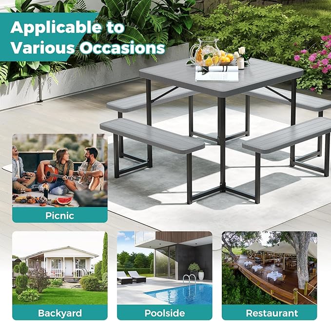 Giantex Picnic Table Bench Set for 4-8 People, 34" Outdoor Square Dining Table & 2 Benches w/Umbrella Hole, HDPE Tabletop, Metal Frame, Patio Camping Furniture for Backyard Porch Lawn (Grey,Square)