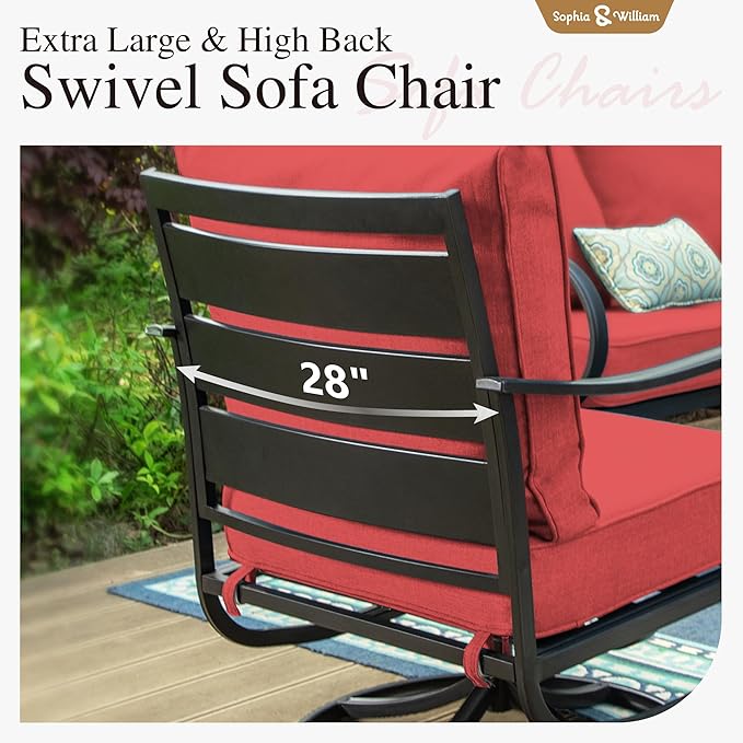 Sophia & William 2 Pieces Patio Furniture Sets Metal Sofa Chairs Patio Cushion Armchairs Swivel Sofa Chairs with Removable Cover for Garden Backyard Poolside Red