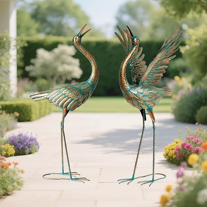 chisheen Crane Garden Statues Outdoor Metal Heron Yard Art Crane for Garden Sculptures Patio Lawn Ornaments,Set of 2