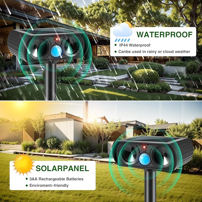 2025 Solar Ultrasonic Animal Repellent Cat Repellent Outdoor Solar Animal Repeller with Motion Detection Waterproof Deer Repellent Device to Repel Raccoon Rabbit Squirrel Skunk Fox(4Pack)