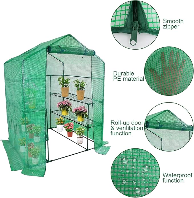 Walk-in Greenhouse Replacement Cover with Roll-Up Zipper Door- 56"x56"x76" PE Plant Gardening Greenhouse Cover for Gardening Plants Cold Frost Protection Wind Rain Proof (Frame Not Include)