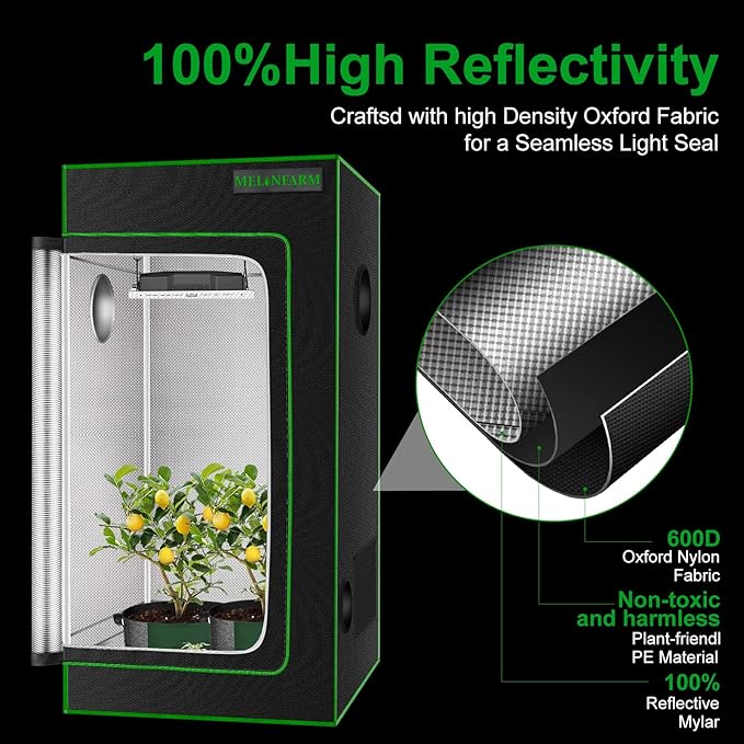 MELONFARM 2x2 Grow Tent, 24"x24"x36'' High Reflective 600D Diamond Mylar Canvas with Observation Window and Floor Tray for Hydroponic Indoor Plant Growing