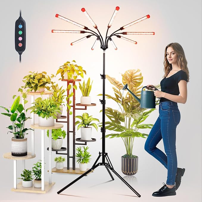 Gamechanger! 90W, NOT 24W, Bright Beyond Your Imagination, 10Head Stand Grow Lights for Indoor Plants, Big Coverage Full Spectrum LED Plant Grow Light for Bonsai Tree, Tall Plant, 4,8,12 Hr Timer