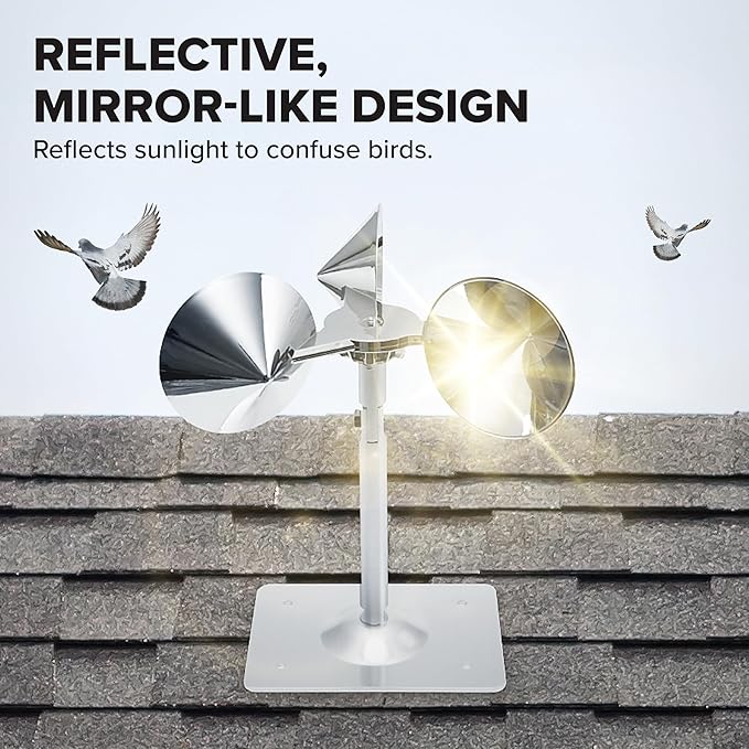 Bird B Gone - Reflect-A-Bird - Reflective Spinning Deterrent - Repels Pigeons, Sparrows, & Woodpeckers - Wind Powered - for Gardens, Railings, Roofs, Etc - Weatherproof Aluminum - Adjustable Neck