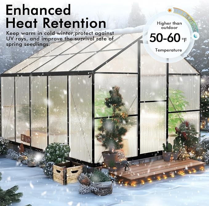 8×10FT Greenhouse for Outdoors, Large Walk in Greenhouse Kit and Winter Garden Planting, Enhanced Aluminum Green Houses for Outside Withstands Strong Wind or Heavy Snow to Protect Vegetables or Plants