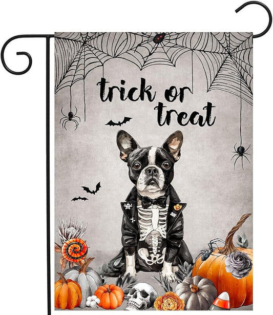 Halloween Boston Terrier Garden Flag Trick or Treat Yard Flag Ghost Dog Garden Flags for Outside 12x18 Double Sided Mini Skeleton Halloween Decor Outdoor Lawn Welcome Flag