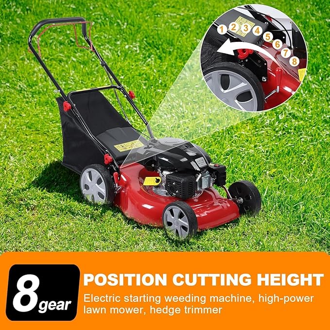 Self Propelled Gas Lawn Mower, 141cc Gas Engine Walk-BehindLawn Mower Cordless Walk-Behind Lawns Mowers with 20 Inches Blade 50L Grass Tank Big Wheels Red