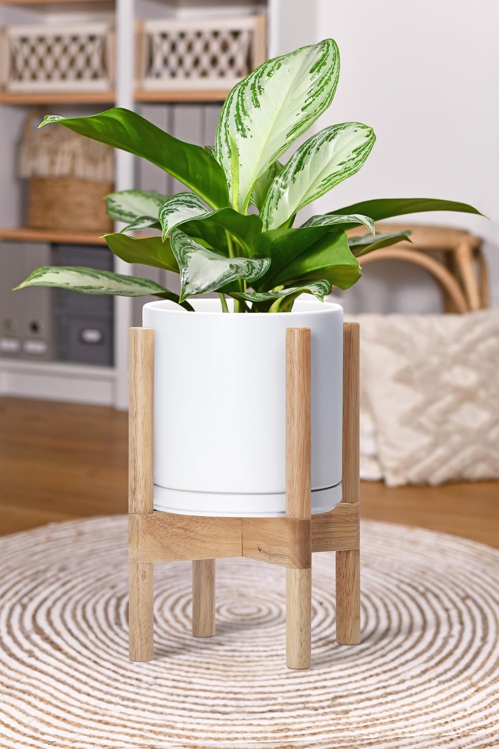 D'vine Dev Ceramic Planter with Natural Stand - 8 Inch Modern Round Flower Pot with Wood Planter Holder, White, 55-B-N-1